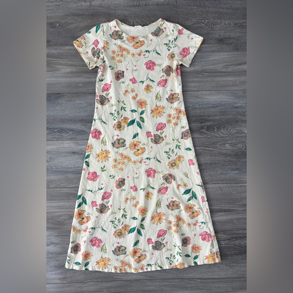 Vintage 90s Floral Yellow Pink Midi Maxi Dress 100% Cotton